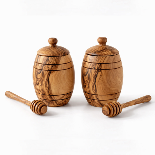 Zwei handgefertigte Honigtöpfe aus Olivenholz mit Schöpfkellen, kostenloser Versand in der Schweiz