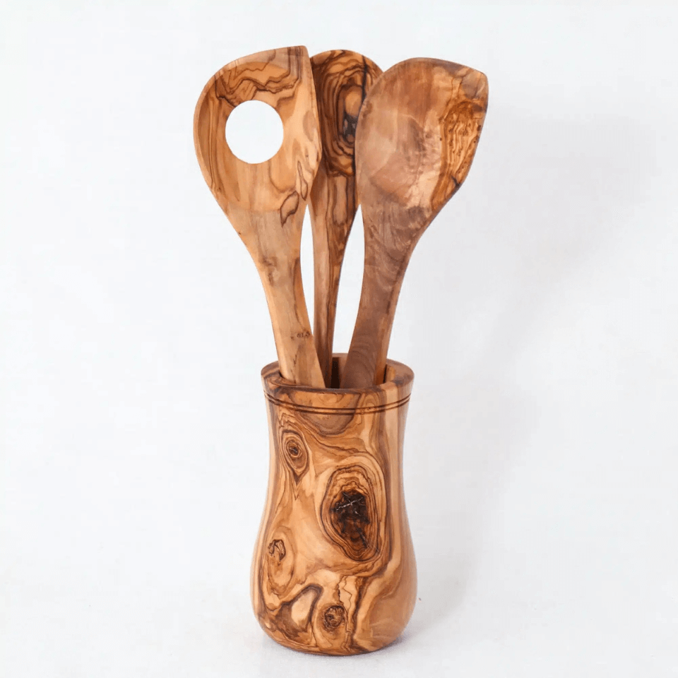 3er-Set Kochutensilien aus Olivenholz, bestehend aus Kochlöffel, Pfannenwender und Schöpflöffel