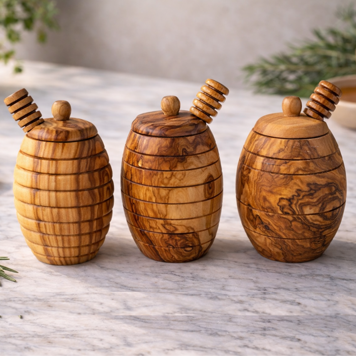 3er-Set Honigspender aus handgefertigtem Olivenholz von MediterraneanArt