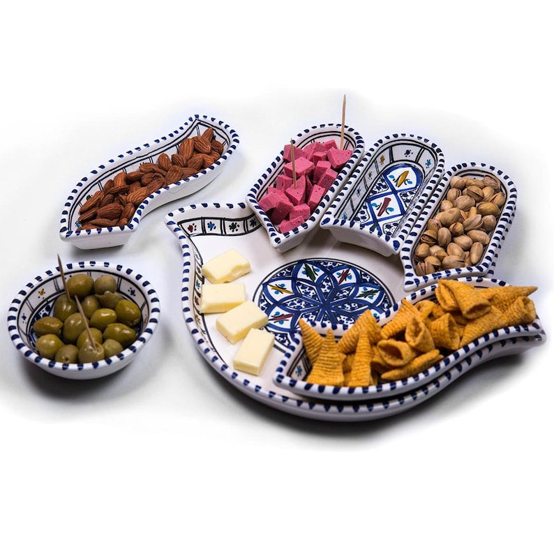 Handgemachte  Hamsa Teller-7 Teller in 1-Servierplatte-Chip und Dip Set-Perfekte - Handgefertigt Schweiz | Mediterranean Art - Handgefertigt Schweiz | Mediterranean Art - Handgefertigt Schweiz | Mediterranean Art Olivenholz handgefertigt Schweiz - Bild 2