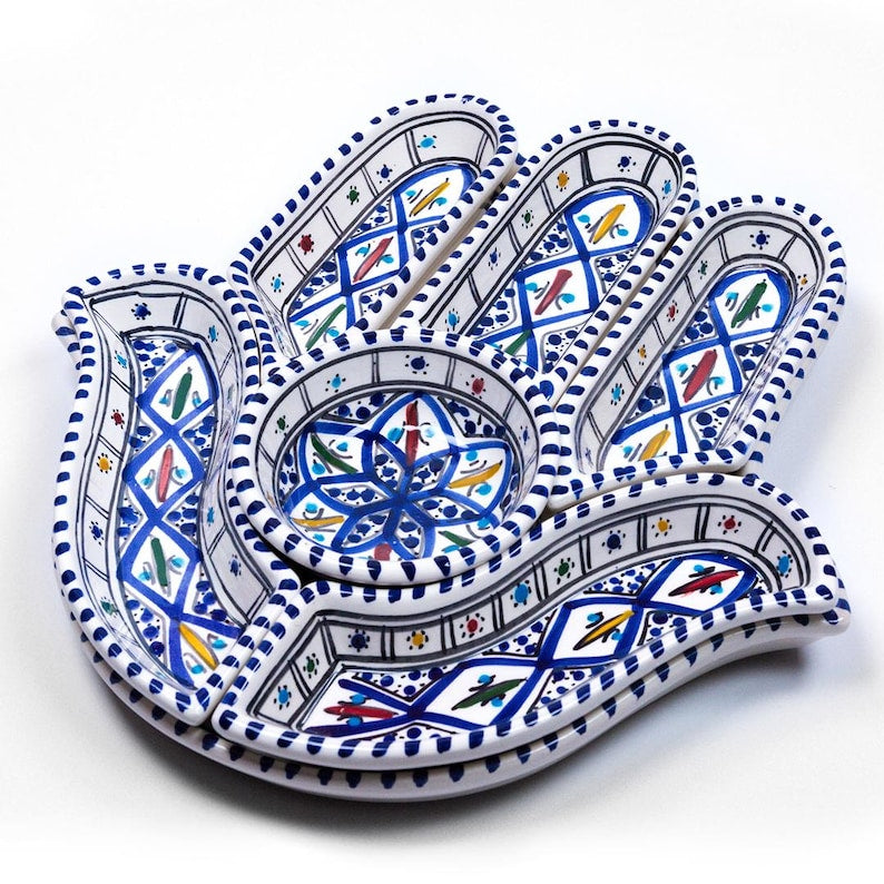 Handgemachte  Hamsa Teller-7 Teller in 1-Servierplatte-Chip und Dip Set-Perfekte - Handgefertigt Schweiz | Mediterranean Art - Handgefertigt Schweiz | Mediterranean Art - Handgefertigt Schweiz | Mediterranean Art Olivenholz handgefertigt Schweiz - Bild 1