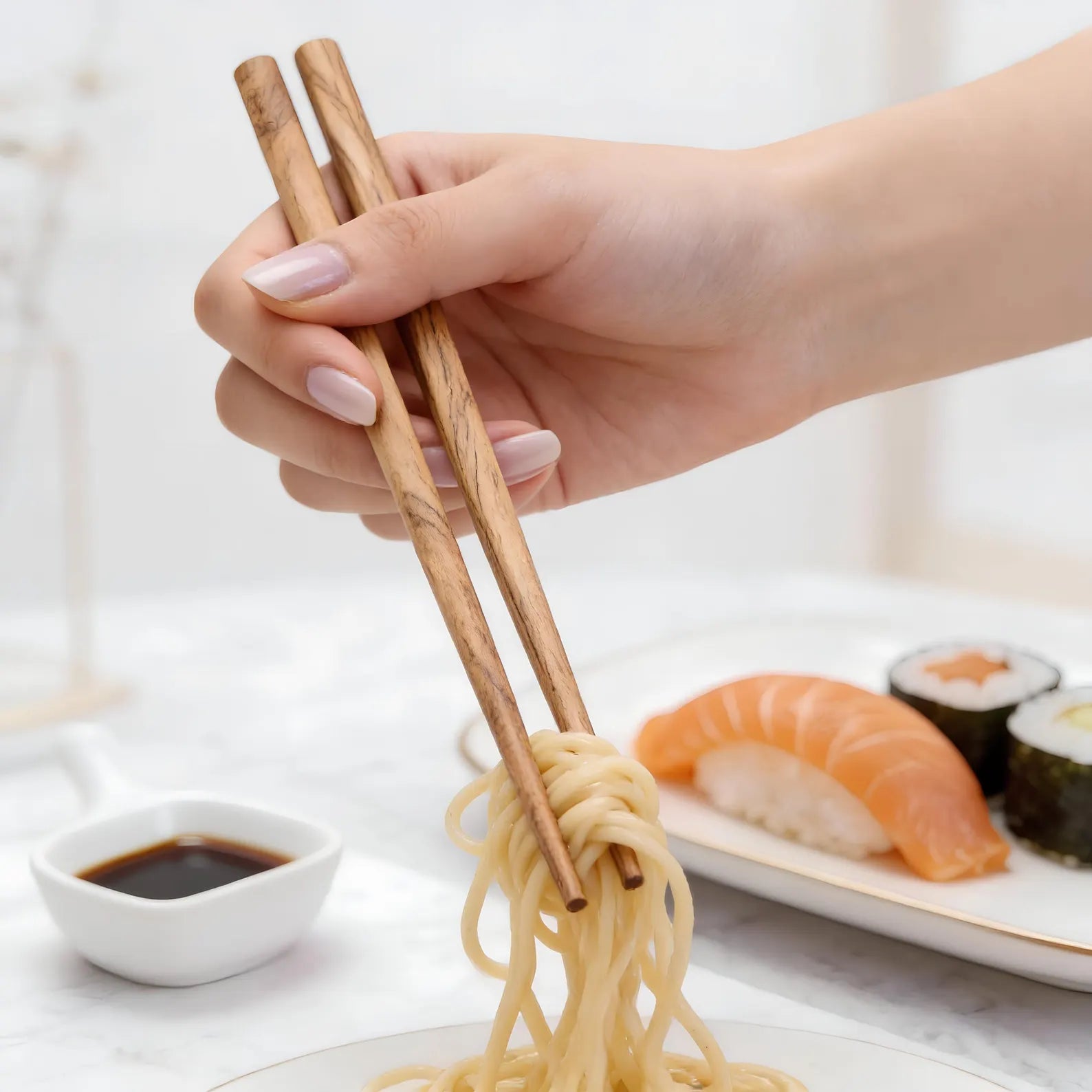 Handgefertigte Essstäbchen aus Olivenholz im 2er Set für Sushi und japanische Küche