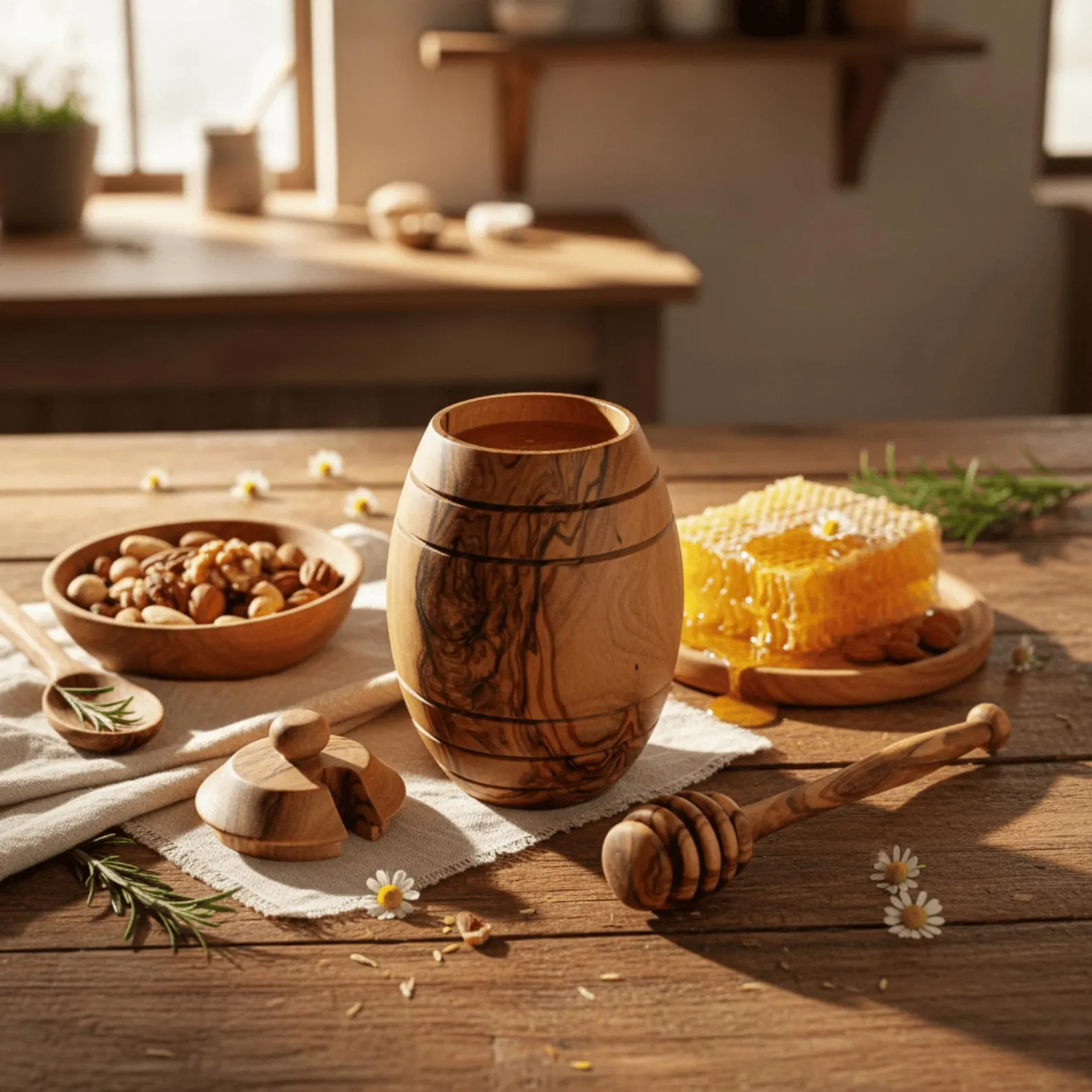 Handgemachter Honigtopf aus Olivenholz als hochwertiges Küchengeschenk