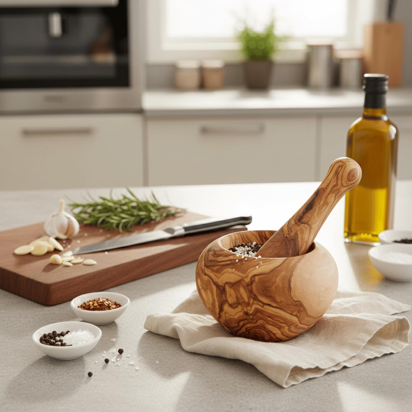 Handgemachter Mörser aus Olivenholz als mediterranes Küchengeschenk