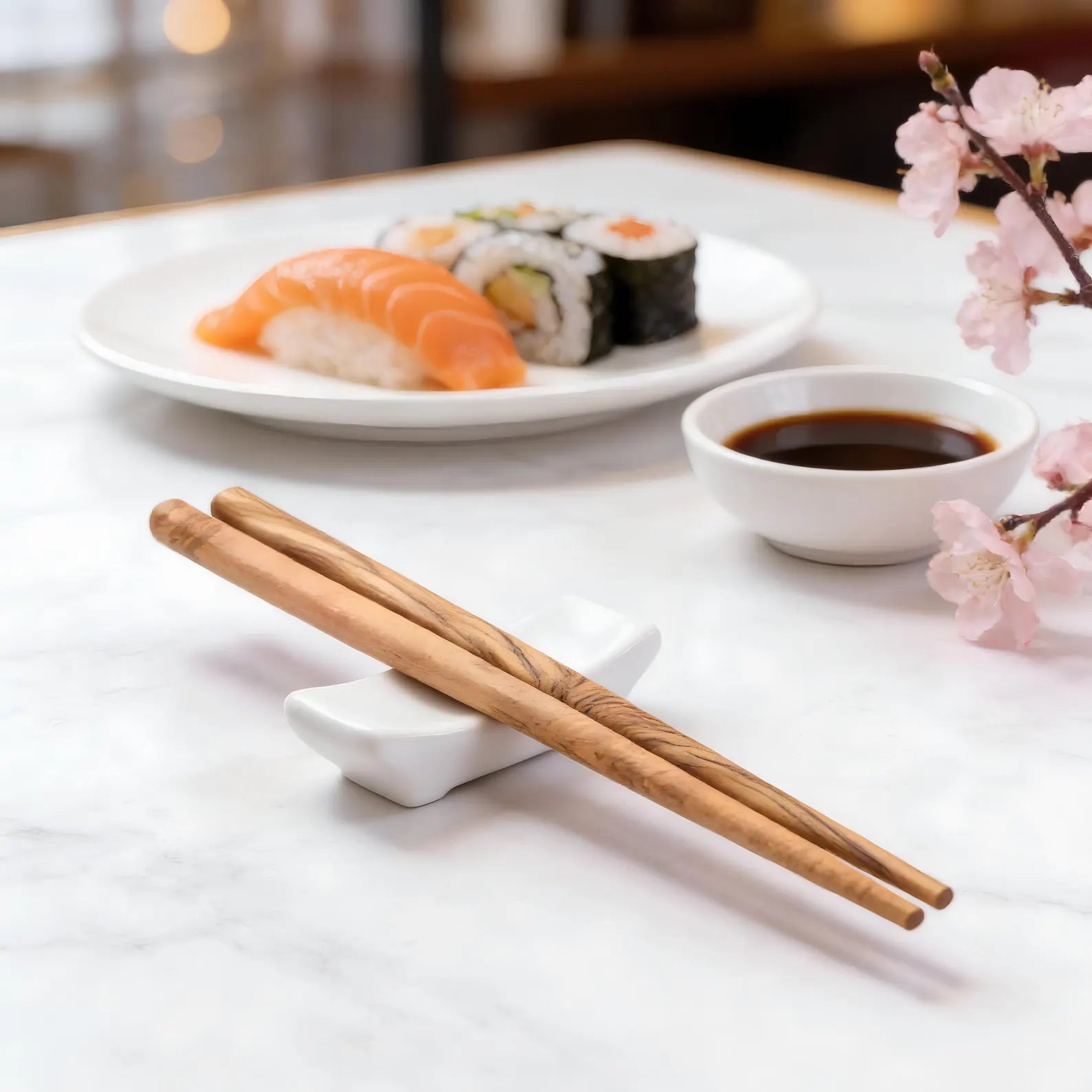 Nachhaltige Essstäbchen aus massivem Olivenholz für asiatische Gerichte