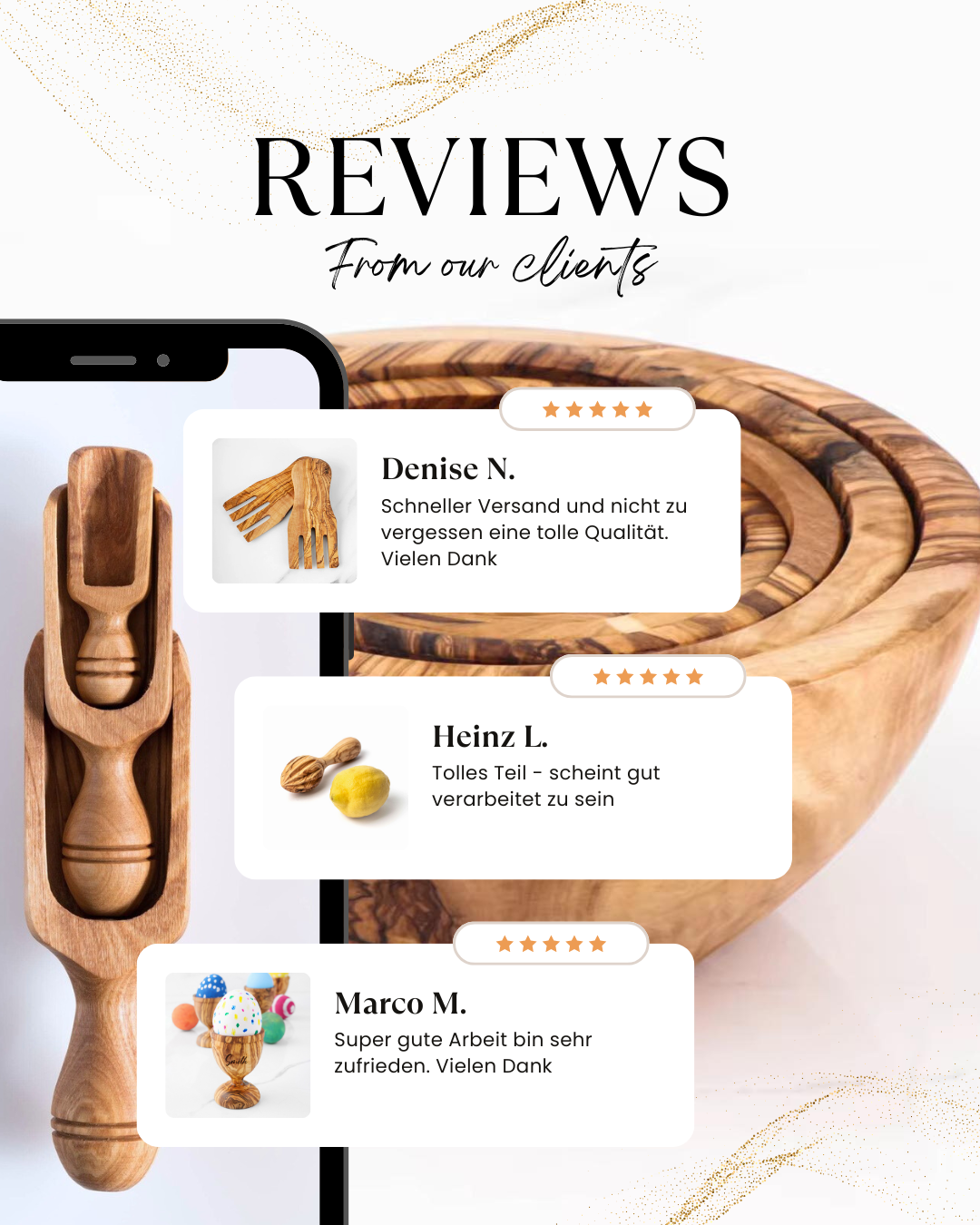 Screenshot einer 5-Sterne-Bewertung für ein Olivenholzprodukt

