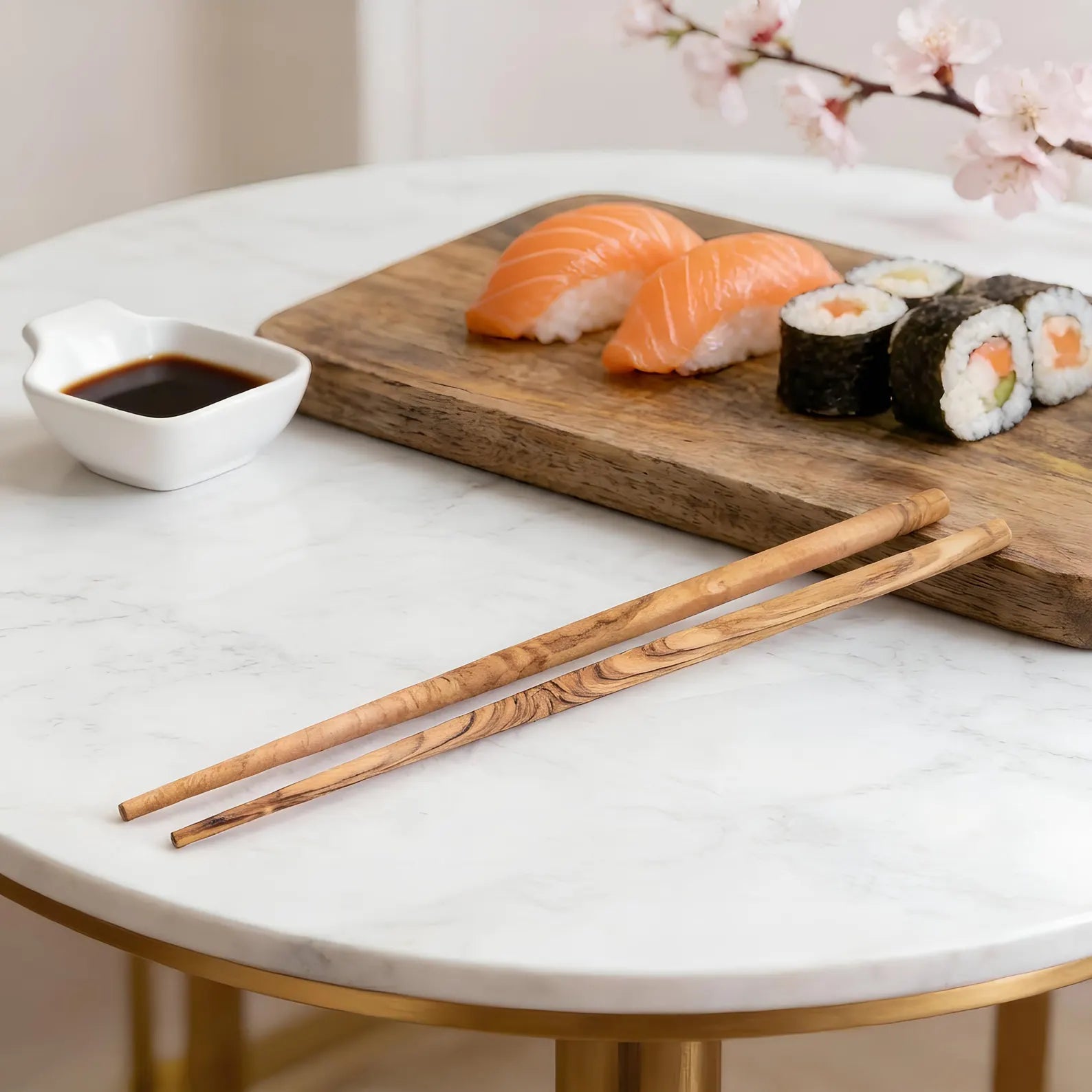 Natürlich gemaserte Essstäbchen aus mediterranem Olivenholz handgefertigt