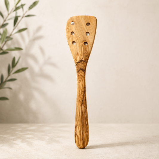 Handgefertigter Olivenholzspatel mit Löchern, 30 cm, aus mediterranem Olivenholz mit natürlicher Maserung