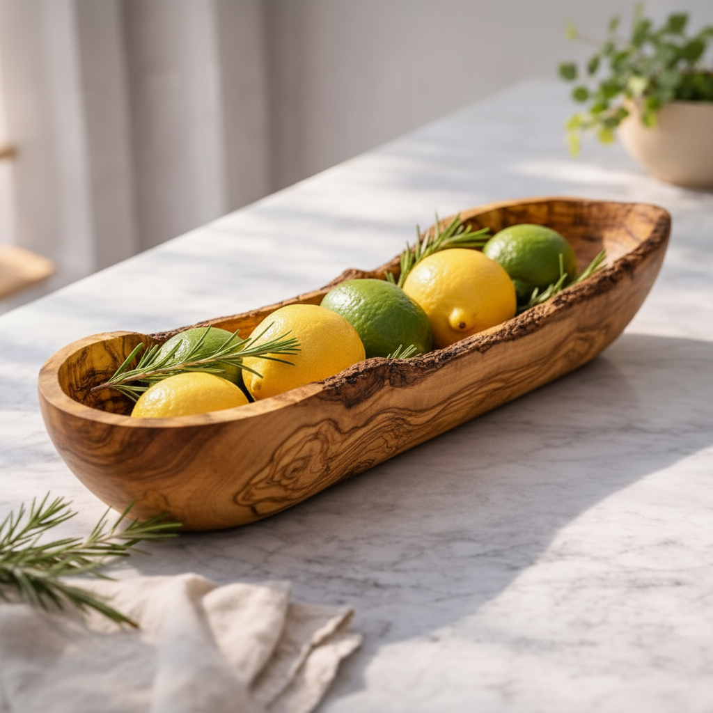 Elegante Olivenholz-Dekoschale mit natürlicher Maserung, dekoriert mit frischen Zitronen, Limetten und Rosmarin im warmen Sonnenlicht.