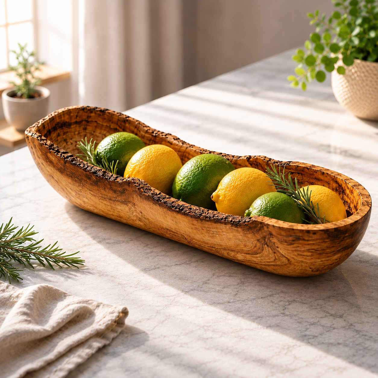 Handgefertigte lange Schale aus natürlichem Olivenholz mit Zitronen und Limetten auf hellem Marmortisch in modernem Küchenstil.
