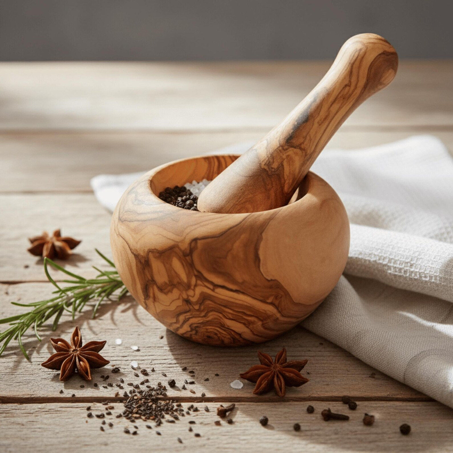 Mediterraner Mörser aus massivem Olivenholz für Kräuter und Gewürze