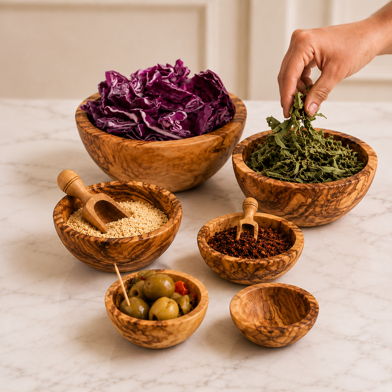 Elegantes Olivenholz-Schalenset aus Tunesien mit einzigartiger Holzmaserung für stilvolle Küchen und Apéro