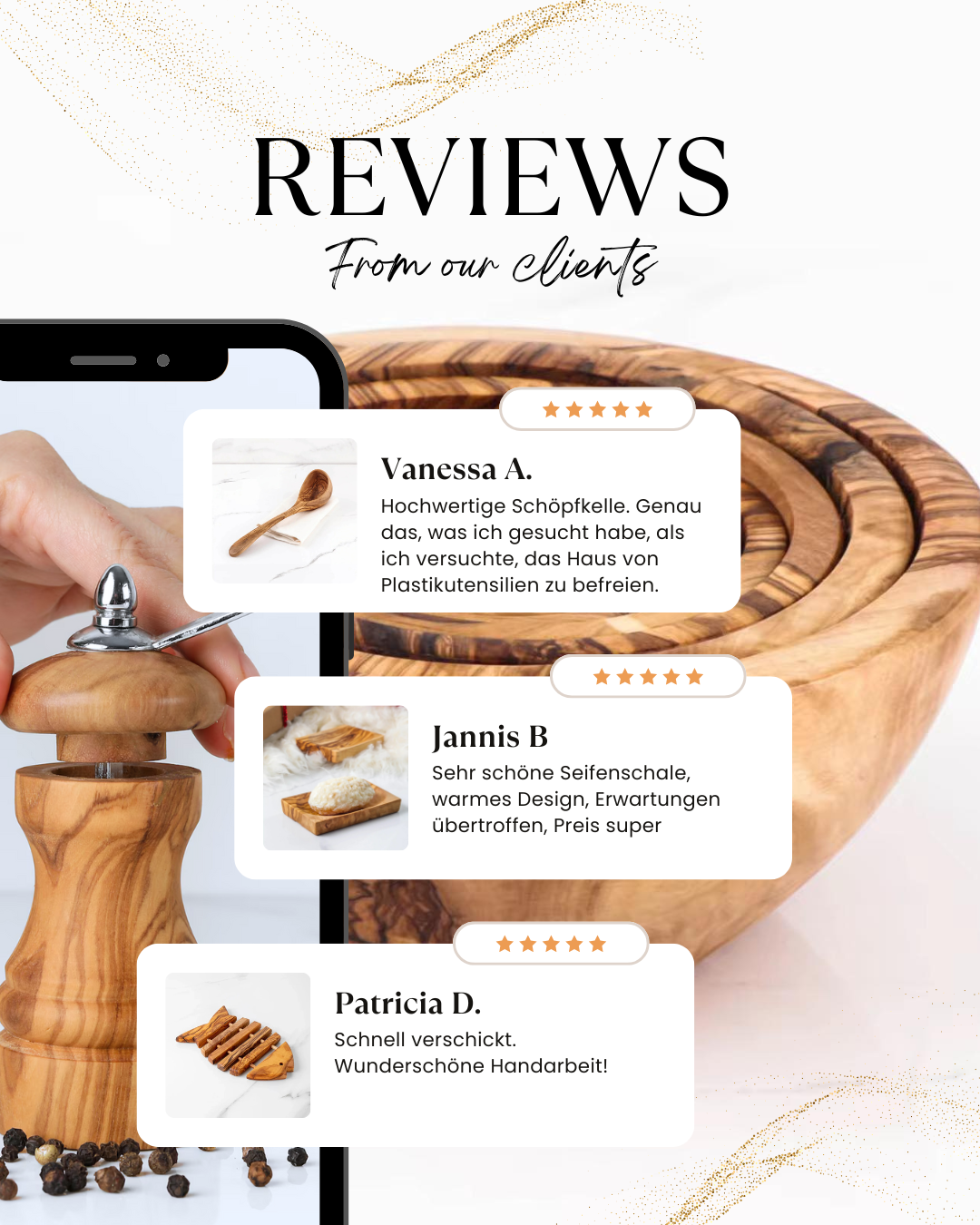 Screenshot einer 5-Sterne-Bewertung für ein Olivenholzprodukt
