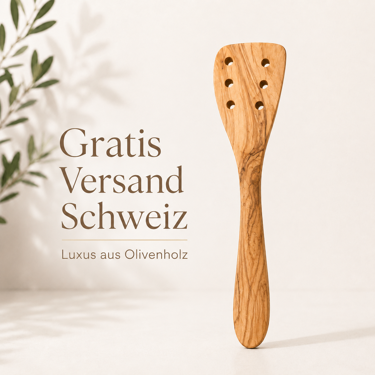 Luxus-Olivenholzspatel mit Löchern, handgefertigt und natürlich, mit kostenlosem Versand in der Schweiz