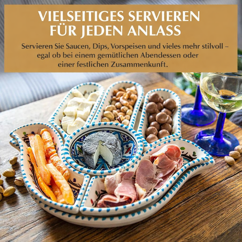 Mediterrane Servierplatte aus handbemalter Keramik mit verschiedenen Snacks, Käse, Nüssen und Tapas – dekorative Servierplatte für Dips und Vorspeisen