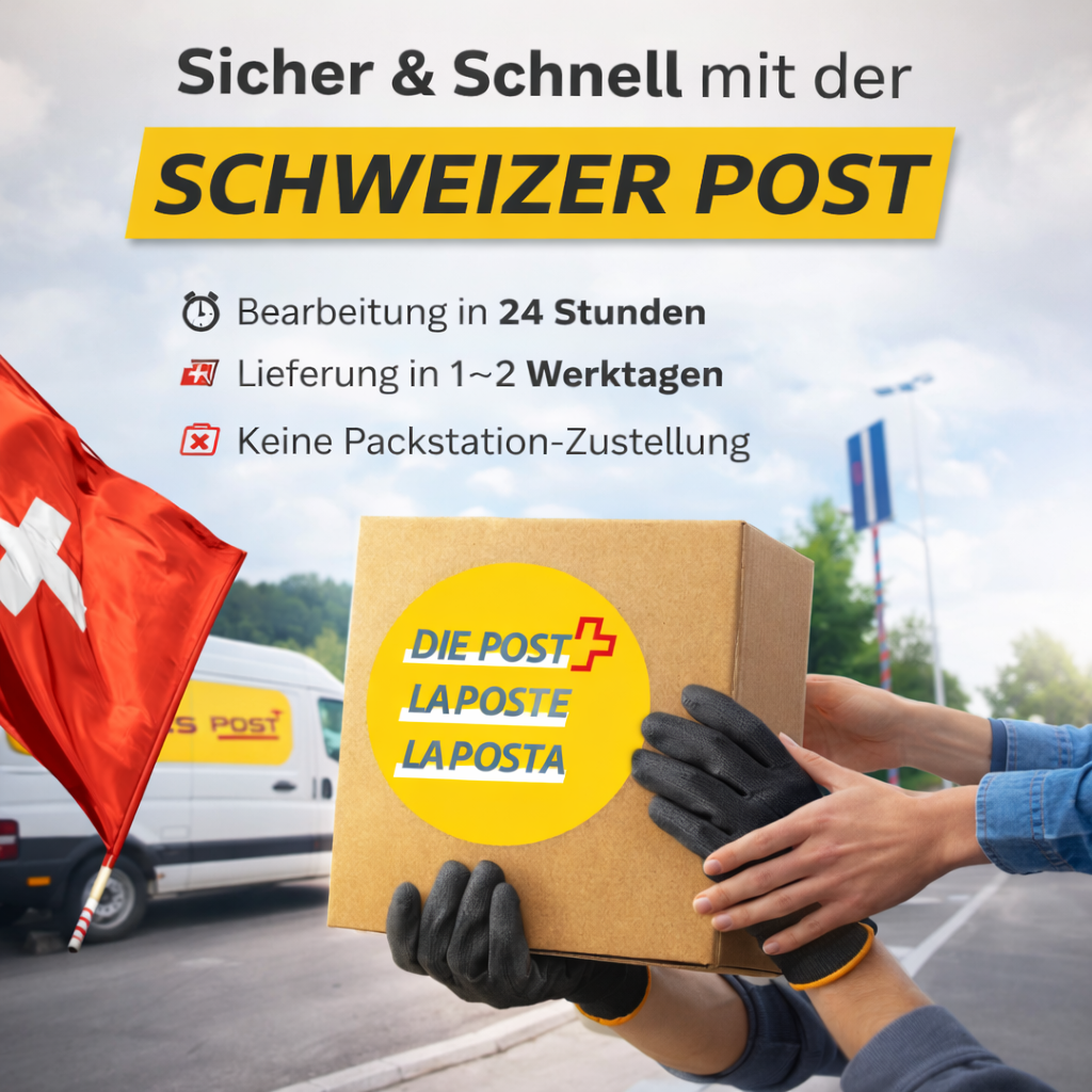 Paketübergabe mit Schweizer Post in der Schweiz – schnelle Lieferung innerhalb von 1–2 Werktagen nach 24h Bearbeitung