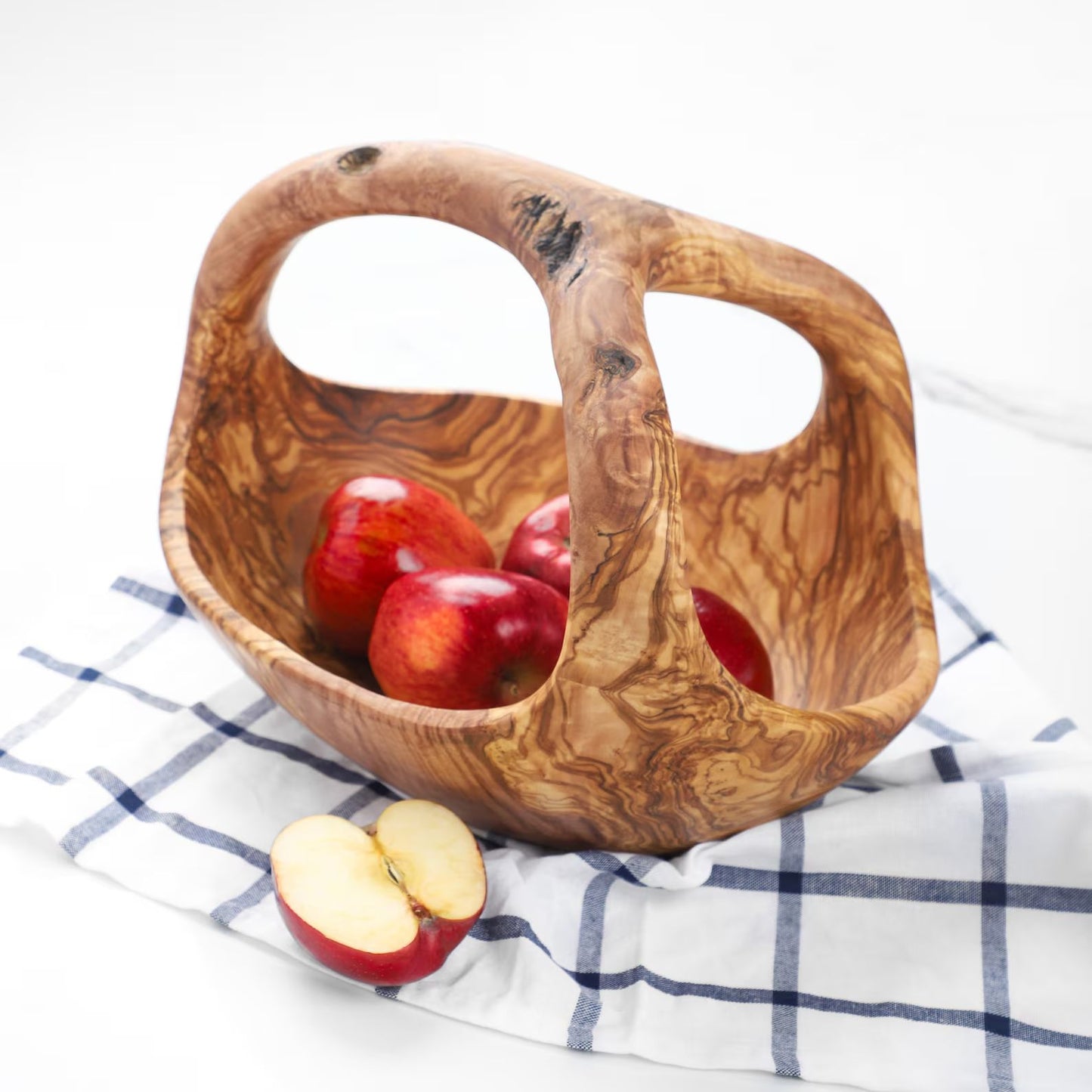 
Obstkorb aus Olivenholz mit Griff – rustikale, handgefertigte Obstschale aus Naturholz

