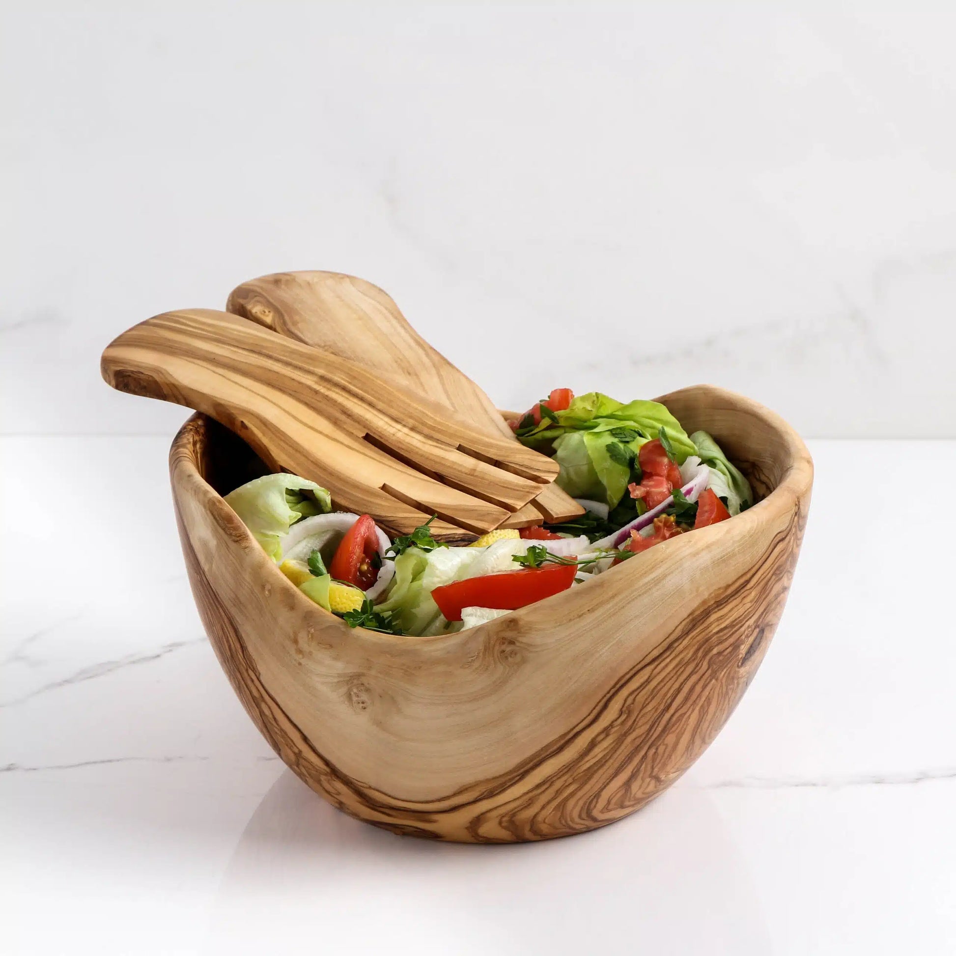 Salatschüssel aus Olivenholz mit Besteck, 18 cm – handgefertigt und nachhaltig

