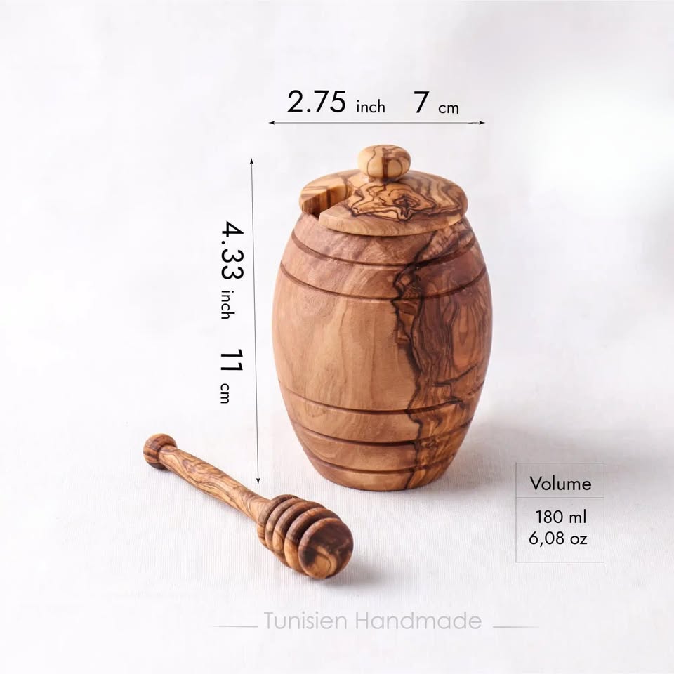 Runder Honigtopf aus Olivenholz mit passendem Honiglöffel