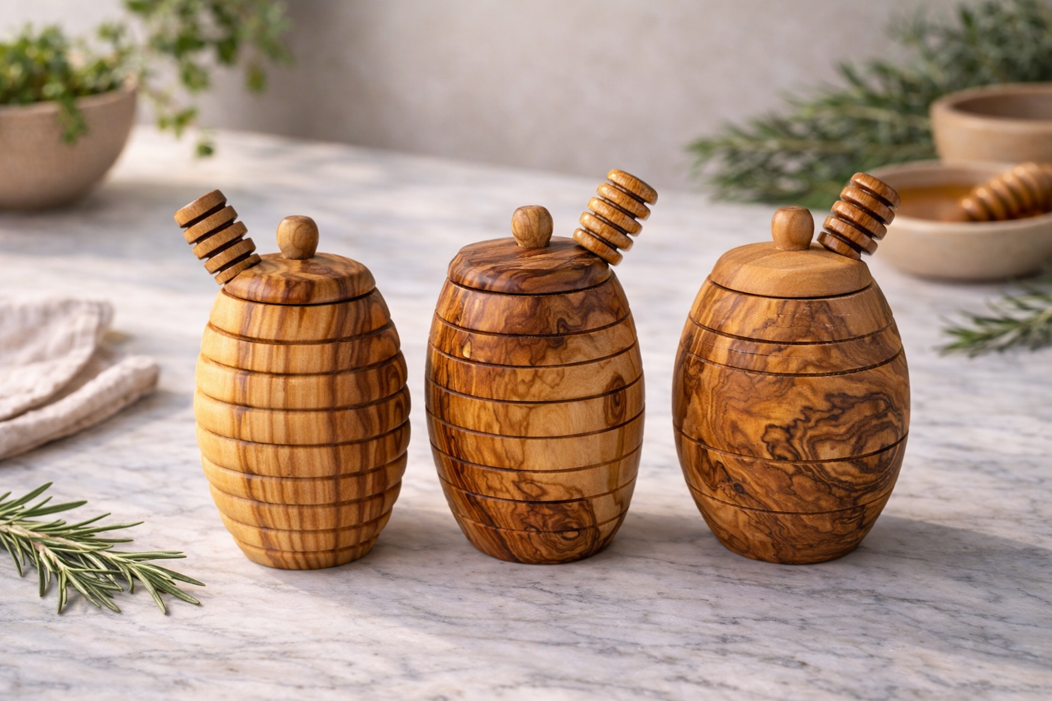 Handgefertigter Honigspender aus mediterranem Olivenholz von MediterraneanArt