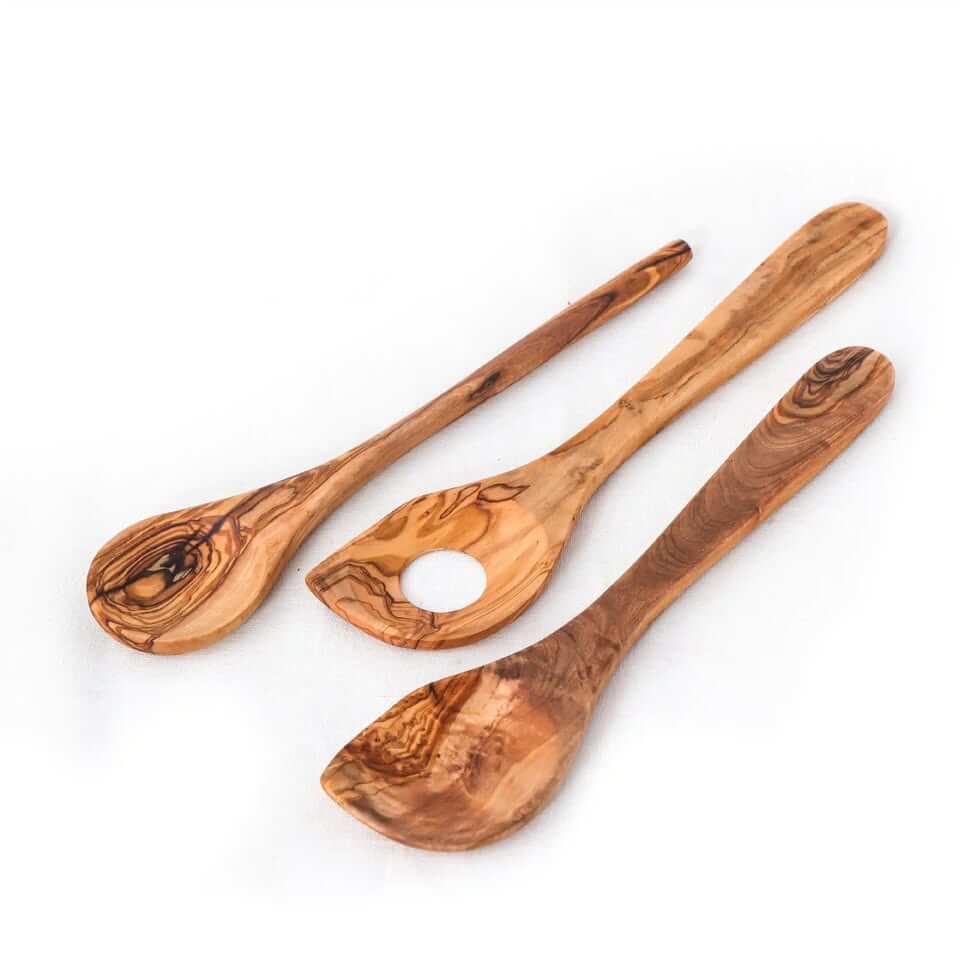 3er-Set Kochutensilien aus Olivenholz, bestehend aus Kochlöffel, Pfannenwender und Schöpflöffel