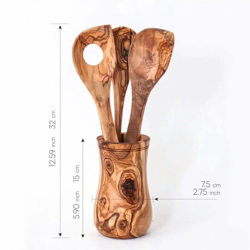 3er-Set Kochutensilien aus Olivenholz, bestehend aus Kochlöffel, Pfannenwender und Schöpflöffe