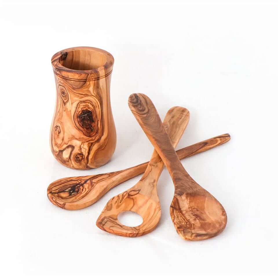 3er-Set Kochutensilien aus Olivenholz, bestehend aus Kochlöffel, Pfannenwender und Schöpflöffel