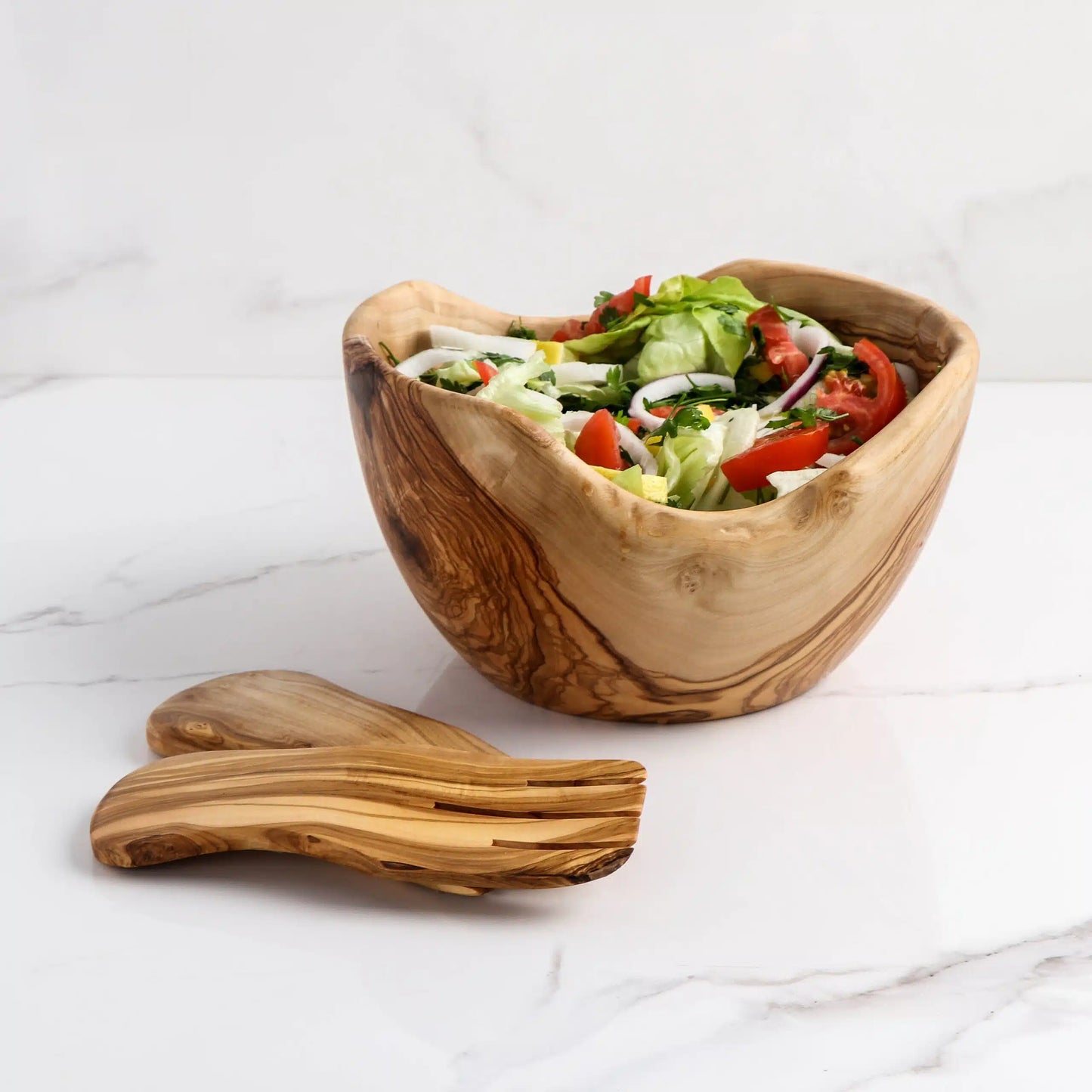 Salatschüssel aus Olivenholz mit Besteck, 18 cm – handgefertigt und nachhaltig

