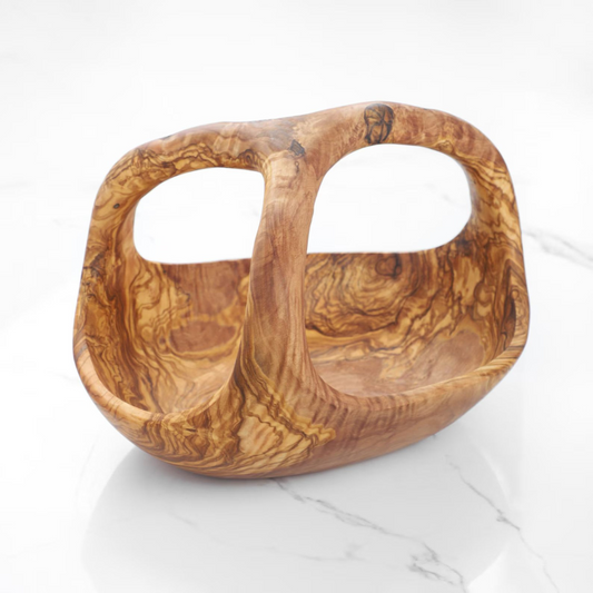 Obstkorb aus Olivenholz mit Griff – rustikale, handgefertigte Obstschale aus Naturholz

