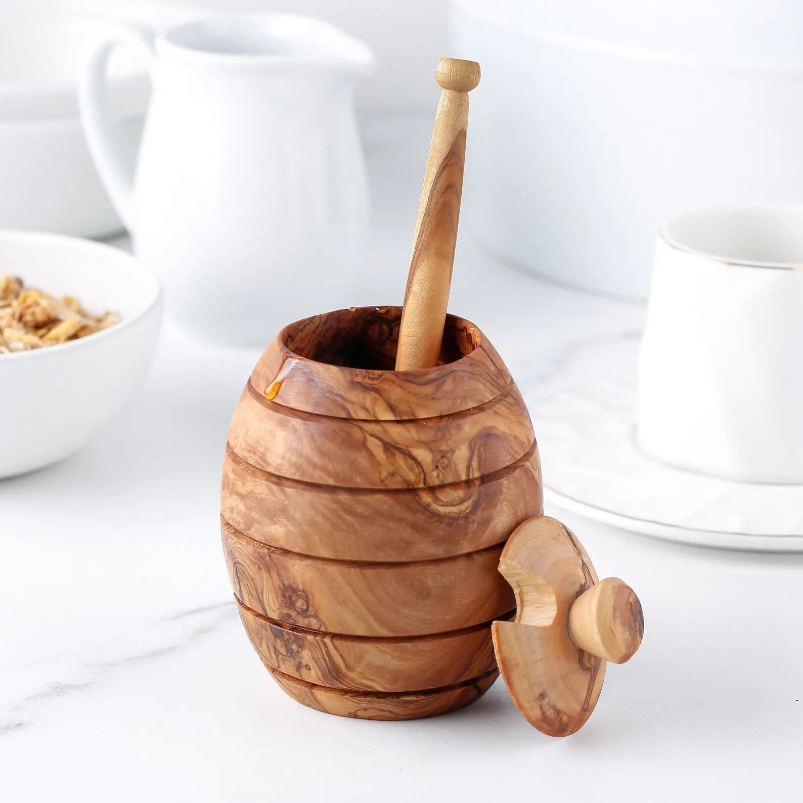 Handgefertigter Honigtopf aus Olivenholz mit Honiglöffel – ca. 10 cm, rustikaler Honigbehälter

