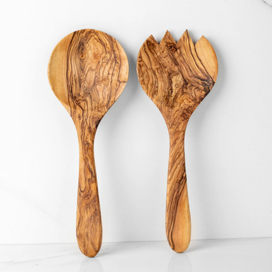 Set aus Olivenholzlöffel und Göffel, handgefertigt mit natürlicher Holzmaserung