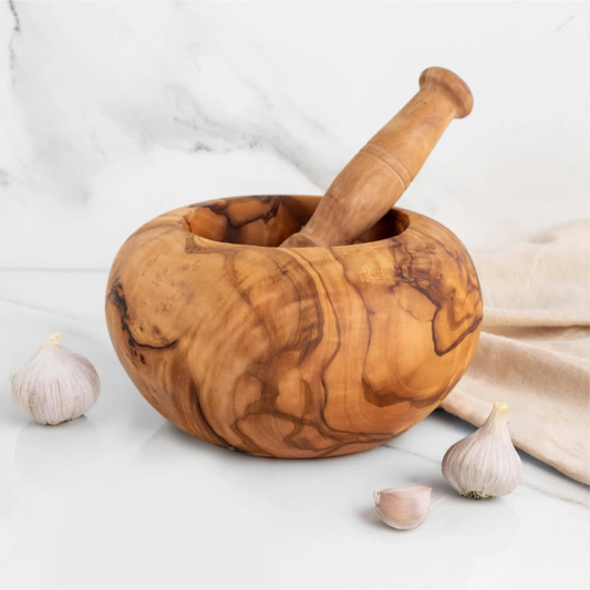 Handgemachter Mörser mit Stößel aus Olivenholz – Naturprodukt