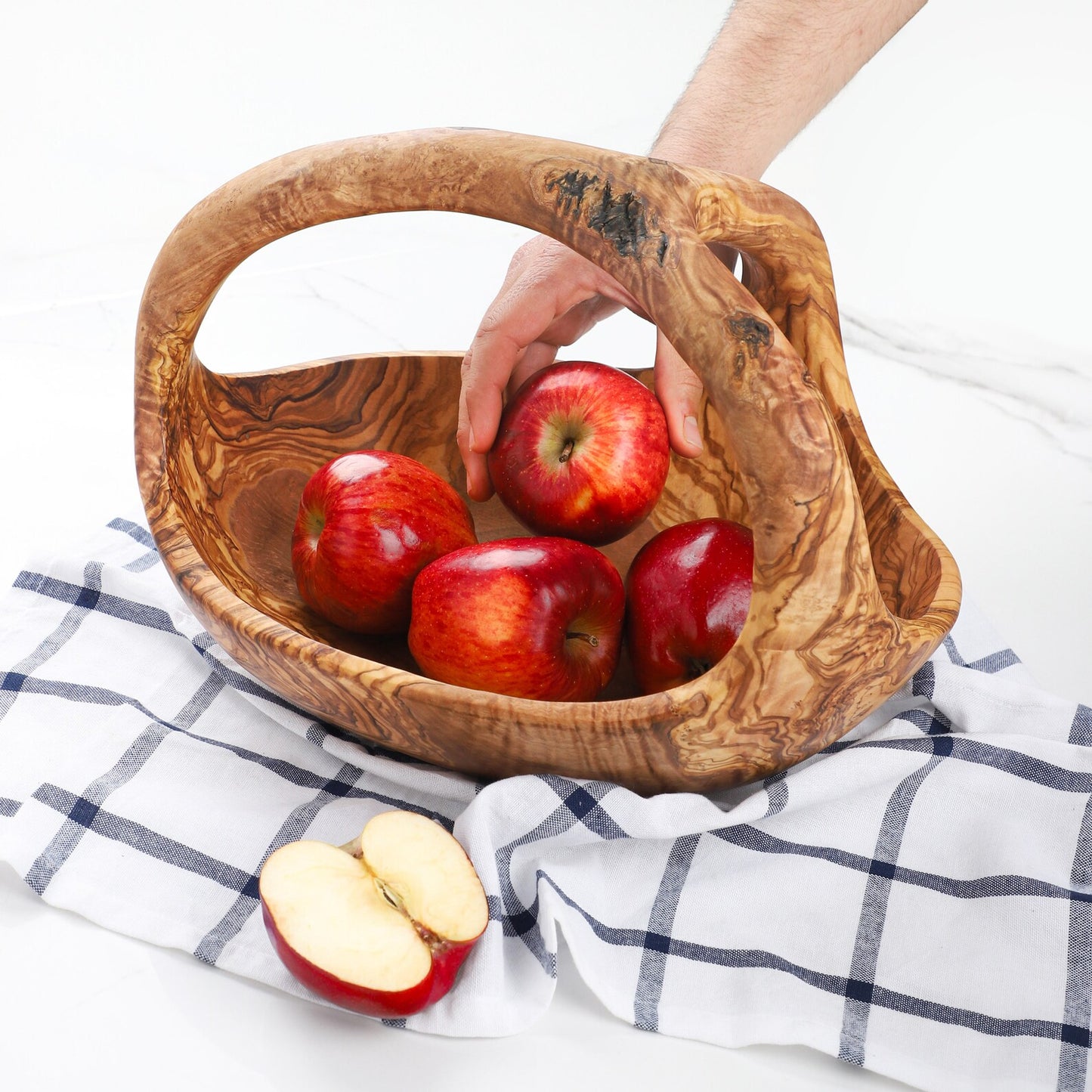 Obstkorb aus Olivenholz mit Griff – rustikale, handgefertigte Obstschale aus Naturholz

