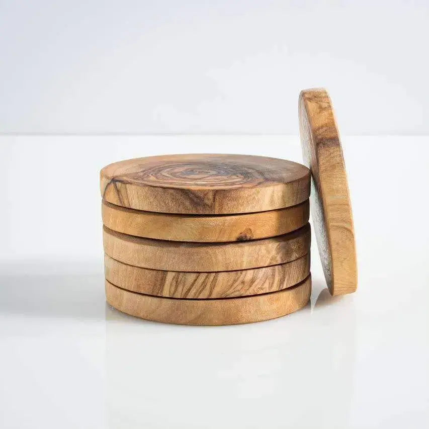 6 handgefertigte Untersetzer mit Halter aus Olivenholz – dekorativ, langlebig und natürlich

