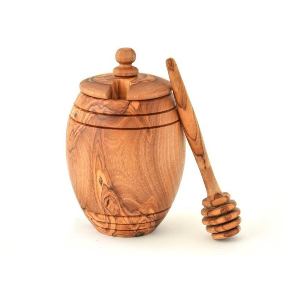 Honigtopf mit Honiglöffel aus Olivenholz – rustikales, handgefertigtes Hochzeitsgeschenk

