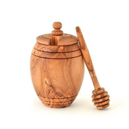 Honigtopf mit Honiglöffel aus Olivenholz – rustikales, handgefertigtes Hochzeitsgeschenk

