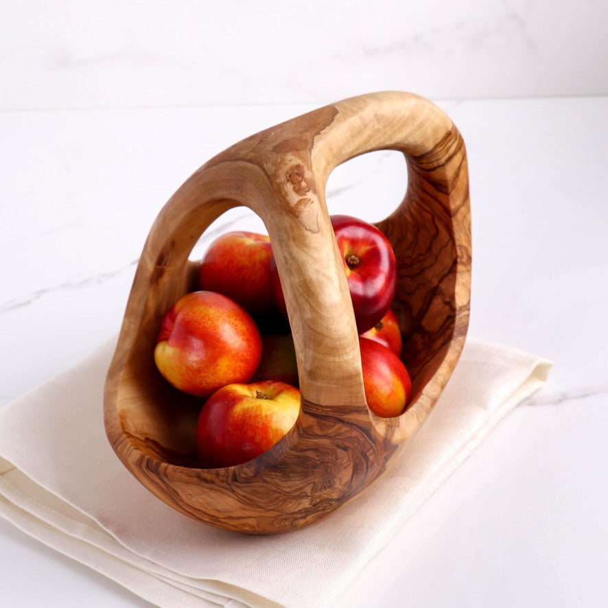 Obstkorb aus Olivenholz mit Griff – rustikale, handgefertigte Obstschale aus Naturholz
