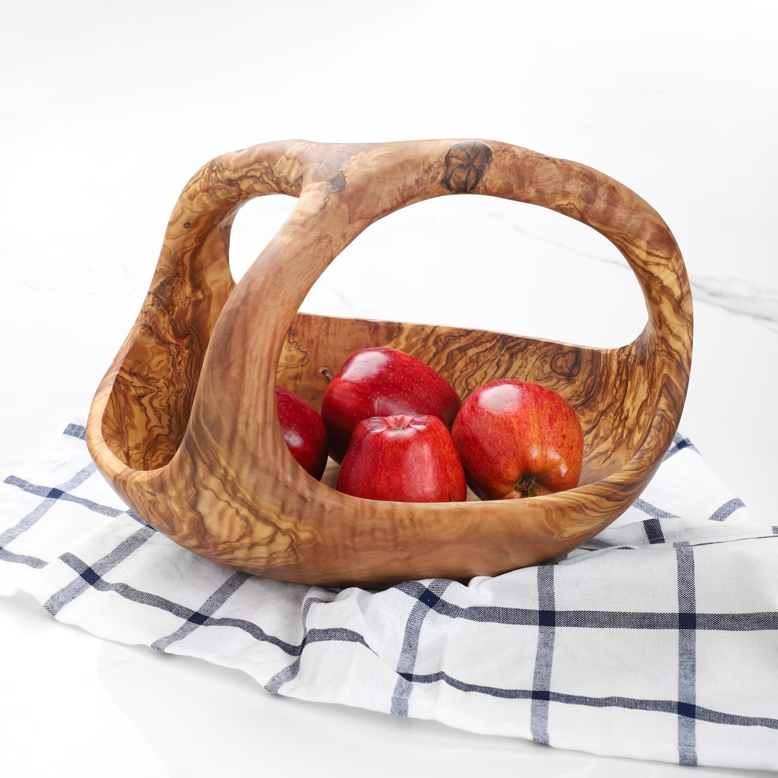 Obstkorb aus Olivenholz mit Griff – rustikale, handgefertigte Obstschale aus Naturholz

