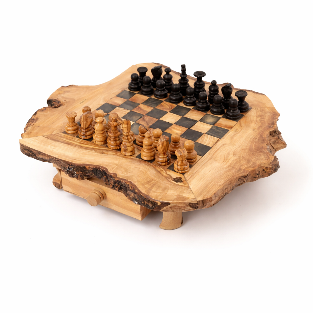 Handgefertigtes Schachbrett aus Olivenholz mit edler Maserung und Stauraum für Schachfiguren – luxuriöses Design für stilvolle Wohnräume