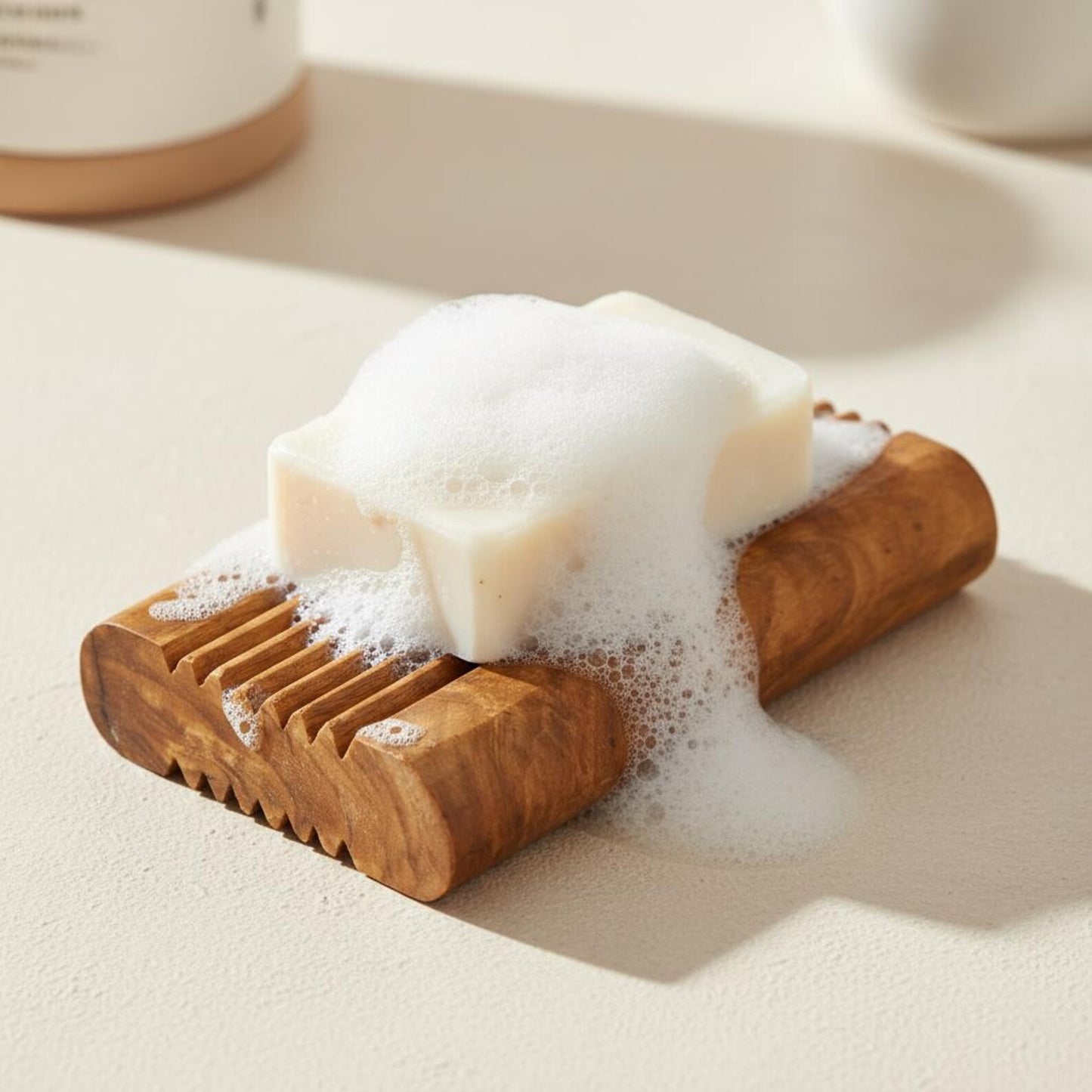 Handgefertigte Seifenschale aus Olivenholz mit weißem Seifenstück, warme Maserung, mediterranes Design