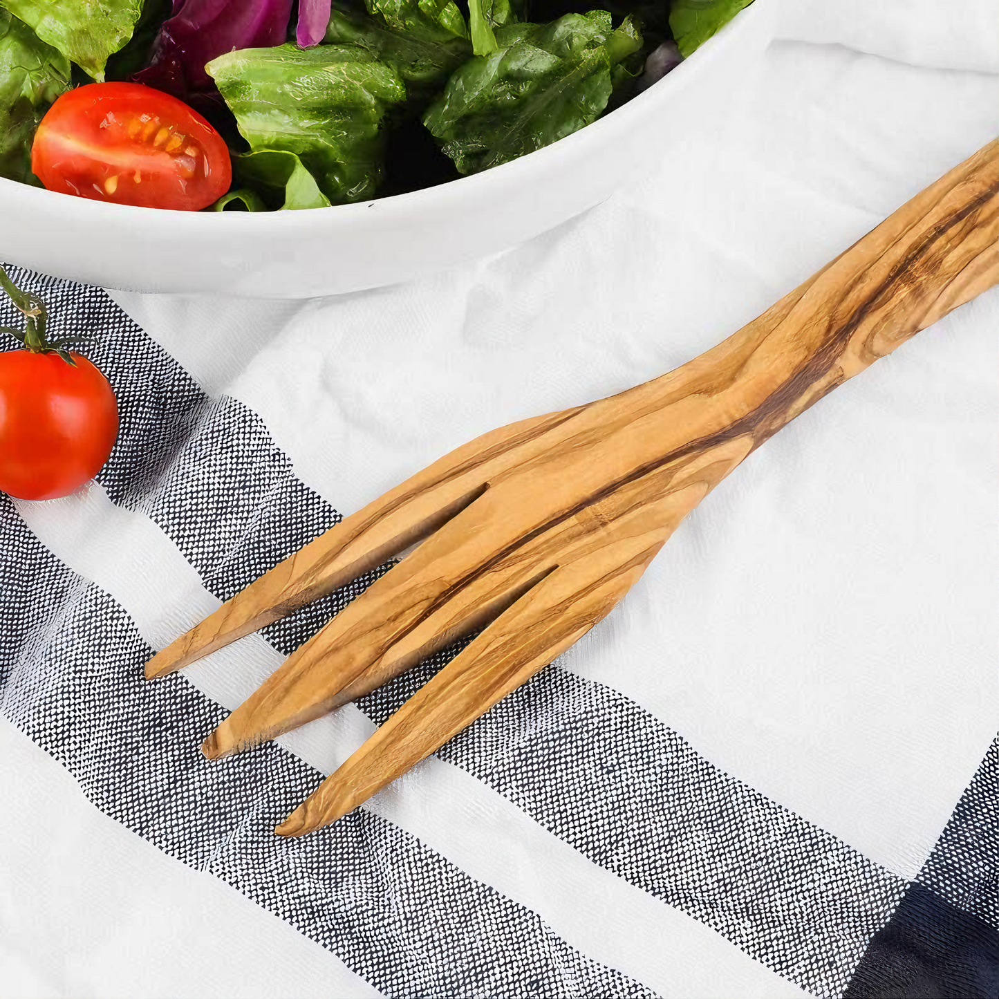 Serviergabel aus Olivenholz mit natürlicher Maserung, ideal zum Servieren von Fleisch und Beilagen