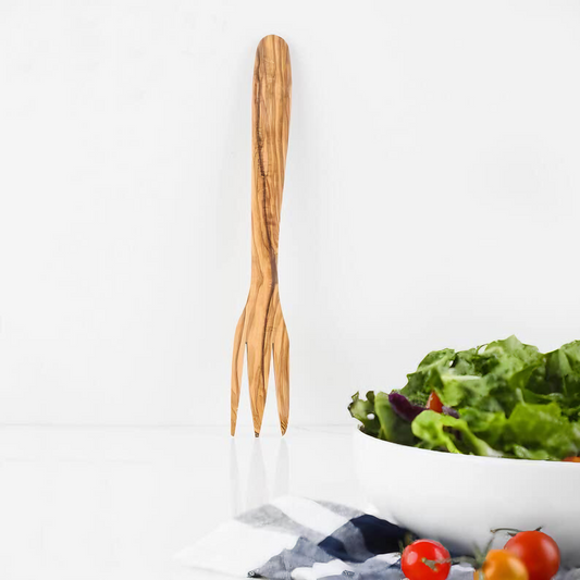 Serviergabel aus Olivenholz mit natürlicher Maserung, ideal zum Servieren von Fleisch und Beilagen