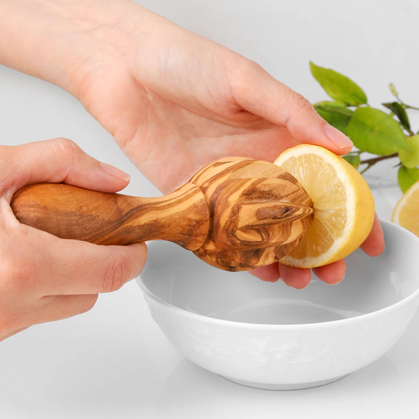 Nachhaltige Zitronenpresse aus massivem Olivenholz

